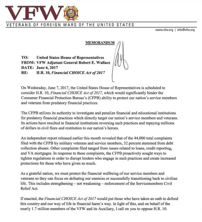 vfw letter on cfpb
